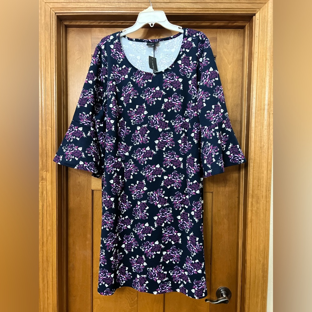Lane Bryant Floral Bell Sleeve A-line Knit Dress Size 22/24 Navy Purple NWT